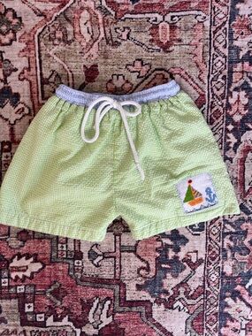 Hand Smocked Swim Trunks Green Gingham Beach Sandcastle Patch Lined